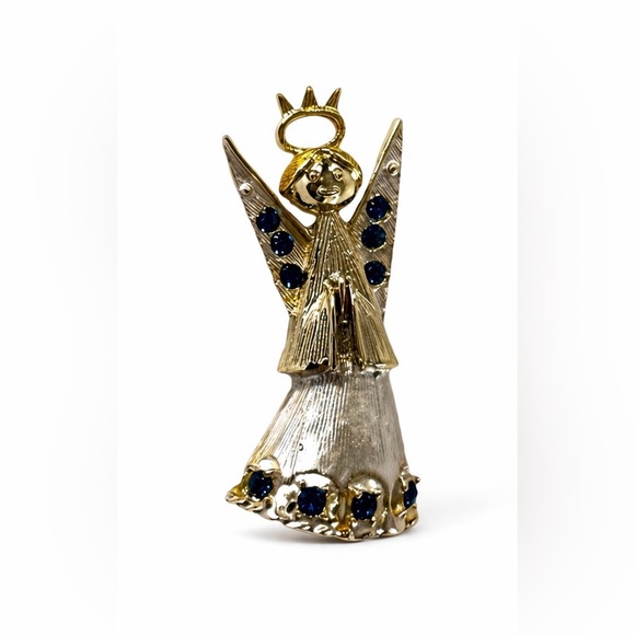 Unbranded Jewelry - Vintage Gold Tone Angel Brooch Blue Rhinestone Accents 1.75” Holiday Pin